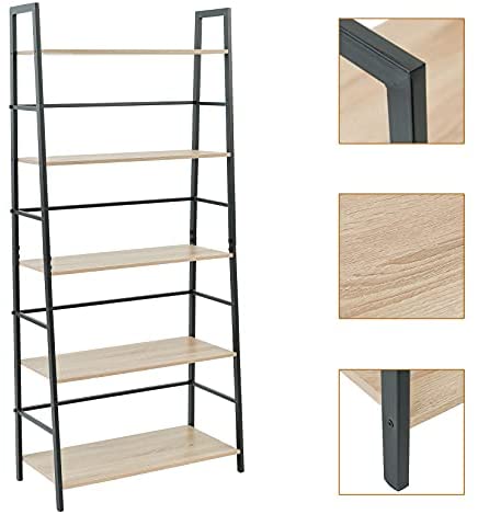 C-Hopetree 5 Tier Ladder Shelf, Corner Display Bookshelf Bookcase with Black Metal Frame - Image 2