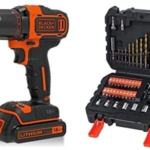 BLACK+DECKER 18 V Cordless 2-Gear Combi Hammer Drill Power Tool with Kitbox, 1.5 Ah Lithium-Ion, BCD700S1K-GB with Black + Decker A7188 Drill and Screwdriver Bit Set 50-Piece