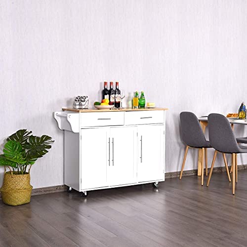 COSTWAY Kitchen Island Cart, Large Storage Trolley with 2 Drawers, 2 Cabinets, Knife Rack, 4 Lockable Wheels & Rubber Wooden Tabletop, Mobile Serving Utility Cart, 122 x 46 x 92cm (White) - Image 6