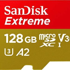 SanDisk Extreme 128 GB microSDXC Memory Card + SD Adapter with A2 App Performance + Rescue Pro Deluxe, Up to 160 MB/s, Class 10, UHS-I, U3, V30 , Red/Gold