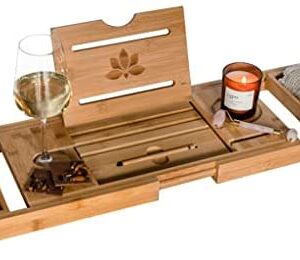 VELIATTE Wooden Bath Tray Extendable 70-105 x 23 x 4 cm - Bath Tablet Holder with Stylus - Bath Wine and Phone Holder - Luxury Bamboo Bath Caddy Tray - Bathroom Accessories with Bath Book Holder