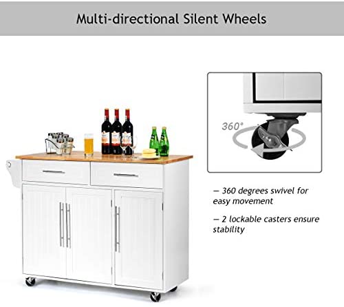 COSTWAY Kitchen Island Cart, Large Storage Trolley with 2 Drawers, 2 Cabinets, Knife Rack, 4 Lockable Wheels & Rubber Wooden Tabletop, Mobile Serving Utility Cart, 122 x 46 x 92cm (White) - Image 3
