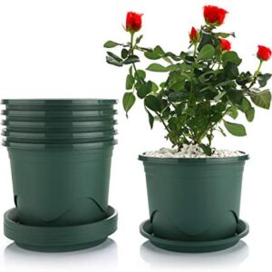 T4U 19CM Plastic Plant Pot with Saucer Set of 6, Root-Control Nursery Seedling Planter Decorative Garden Flower Pot Container Green for Indoor Outdoor Bonsai Plants, Aloe, Herb, Orchid and More