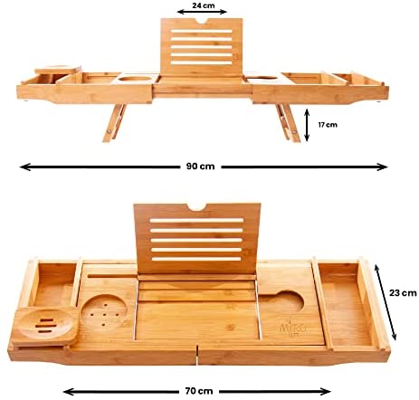 Miro Wooden Bath tray and Laptop bed desk Bath caddy tray with ipad holder wine glass and book rest Extendable bath board for home spa Natural bamboo bath rack with folding legs - Image 2