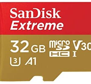 SanDisk Extreme 32 GB microSDHC Memory Card + SD Adapter with A1 App Performance + Rescue Pro Deluxe, Up to 100 MB/s, Class 10, UHS-I, U3, V30, Red/Gold