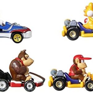 Hot Wheels Mario Kart Vehicle 4-Pack, Set of 4 Fan-Favorite Characters Includes 1 Exclusive Model, Collectible Gift for Kids & Fans Ages 3 Years Old & Up