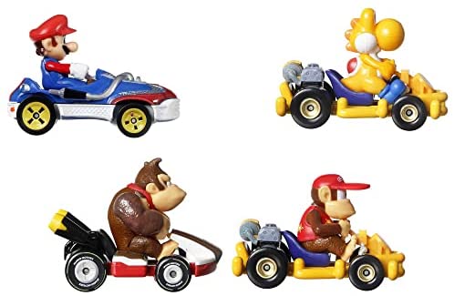 Hot Wheels Mario Kart Vehicle 4-Pack, Set of 4 Fan-Favorite Characters Includes 1 Exclusive Model, Collectible Gift for Kids & Fans Ages 3 Years Old & Up