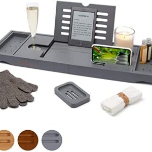 Bath Caddy with candle, wine glass, book, tablet, ipad & phone holder. Extendable /adjustable bridge, Natural wood over bathtub tray.100% bamboo (Grey)