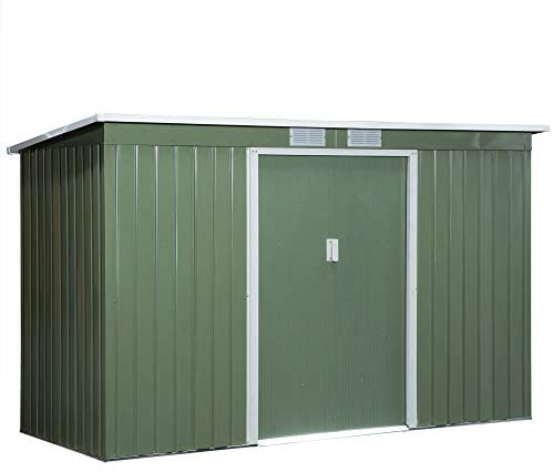 Outsunny 9ft x 4ft Corrugated Garden Metal Storage Shed Outdoor Equipment Tool Box with Kit Ventilation & Doors Light Green