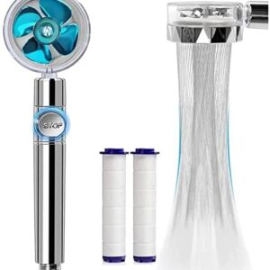 Dasfie High Pressure Water Saving Shower, 360 Degrees Rotating Propeller Driven Handheld Shower Head with Filter, Water Saving Shower Head with Fan & On/Off (Blue)