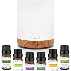 ASAKUKI 300ml Aromatherapy Oil Diffuser with 6Pcs*10ml Pure Essential Oil Gift Set, Cool Mist Essential Oil Diffuser with 4 Timer Setting, 15 Colour Lights, Auto Shut-Off