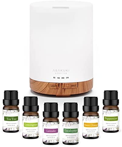 ASAKUKI 300ml Aromatherapy Oil Diffuser with 6Pcs*10ml Pure Essential Oil Gift Set, Cool Mist Essential Oil Diffuser with 4 Timer Setting, 15 Colour Lights, Auto Shut-Off