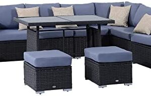 Outsunny 10PC Garden Rattan Corner Dining Sofa Set 9-seater Patio Tables Stools Outdoor Wicker Lounge Conservatory Furniture w/Cushions & Pillow
