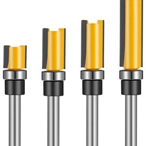 Heyu-Lotus 4 Pcs 1/4 Inch Shank Flush Trim Pattern Router Bit Set, Professional Wood Top Woodworking Milling Cutter Tool with Bearing Template Router Cutter