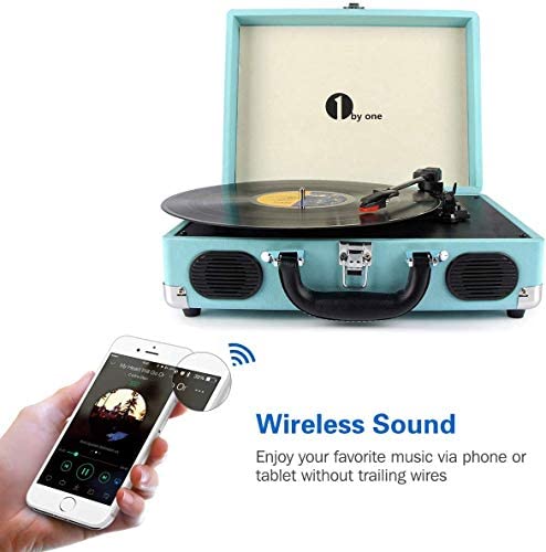 1 BY ONE Bluetooth Record Player Belt-Drive 3-Speed Portable Vinyl Turntable with Built in Speakers, Supports RCA Output, Headphone Jack, MP3, Mobile Phones Music Playback, Turquoise - Image 4