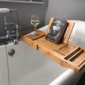 bathbü Premium 100% Bamboo Bath Tray Caddy | Extendable Arms (63-93cm), Book/Tablet Holder, Wine Glass Holder, Accessory Tray, Phone Holder and Sliding Tray | Compact and Fits Most Bath Sizes