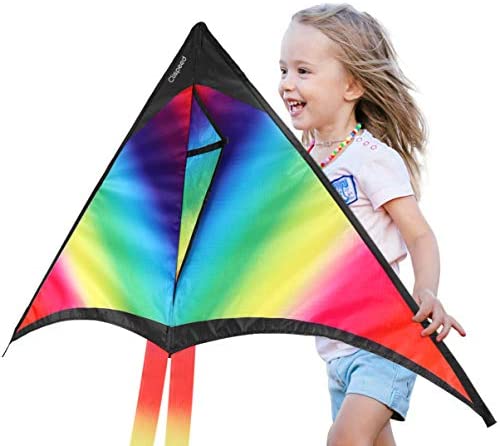 CLISPEED Rainbow Kite for Kids,with String and Long Colorful Tail, Easy to Fly Delta Kites for Kids Beach Park Outdoor Games Activities (Rainbow)