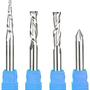 4Pcs CNC Router Bits Carving Set 1/4 Shank, with Down&Up Cut, V-Groove Engraving, Carbide Square End Mill, Sinoprotools Milling Cutter for Wood Profile Detail Engraving