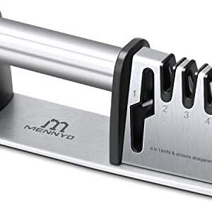 MENNYO Knife Sharpener 4 in 1 Knife Sharpening, 4 Stage Manual Knife Sharperener Scissor Sharpener with Non-slip Base for Sharpening Kitchen Knives, Scissors, Knife Steel