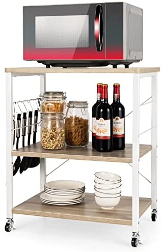 COSTWAY 3-Tier Rolling Baker’s Rack, Kitchen Storage Shelf Trolley with Adjustable Shelf, Lockable Wheels and 10 Removable Hooks, Industrial Metal Frame Serving Cart for Home Office (Natural)