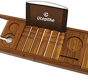 Utoplike Teak Wood Bath Trays Bathroom Bath Caddy Bridge, Unique Bathtub Organizer with Book Tablet Wine Glass Cup Towel Holder, Adjustable, Bath Tub Rack Bathroom Shelf for Your Loved