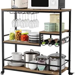 Vintage Serving Trolley, Industrial Rolling Cart with Wine Rack and Glass Holder, 3 Tier Kitchen Drinks Trolley