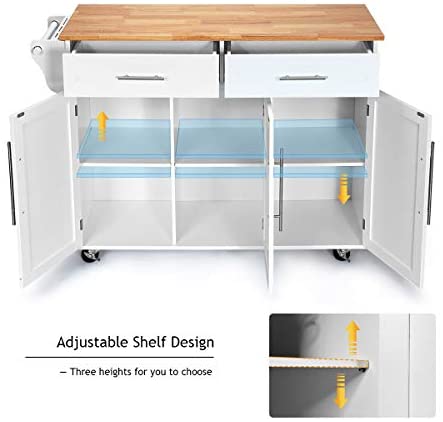 COSTWAY Kitchen Island Cart, Large Storage Trolley with 2 Drawers, 2 Cabinets, Knife Rack, 4 Lockable Wheels & Rubber Wooden Tabletop, Mobile Serving Utility Cart, 122 x 46 x 92cm (White) - Image 2