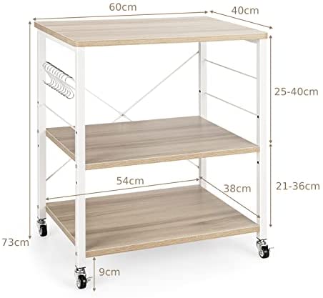 COSTWAY 3-Tier Rolling Baker’s Rack, Kitchen Storage Shelf Trolley with Adjustable Shelf, Lockable Wheels and 10 Removable Hooks, Industrial Metal Frame Serving Cart for Home Office (Natural) - Image 7