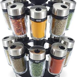 Cole & Mason H121808 Cambridge 16 Glass Spice Jars With Lids | Spice Organiser/Rotating Spice Rack/Spice Storage | Stainless Steel | Spice Jars With Labels | Includes Spices | 2 Year Guarantee