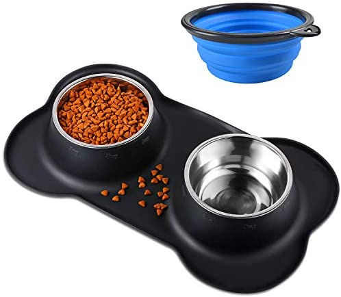 Bonve Pet 2 x 400ML Dog Bowls with Non slip Silicone Mat, Stainless Steel Double Dog Bowl for Cats Puppy Small Medium Dogs Food and Water Feeding