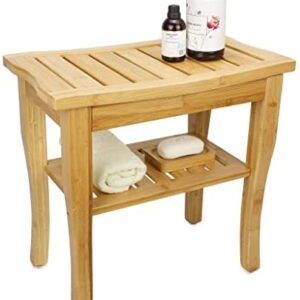 SMIBUY Bamboo Shower Bench, 2-Tier Wood Spa Bath Organizer Stool, Corner Bathroom Chair & Seat with Storage Shelf for Indoor Outdoor(Natural)