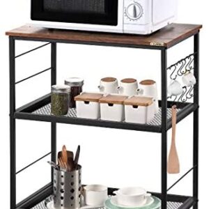 3-Tier Industrial Kitchen Cart with Storage, Vintage Microwave Oven Stand on Wheels, Rolling Baker’s Rack with Metal Frame and 10 Hooks, Coffee Cart for Living Room Restaurant