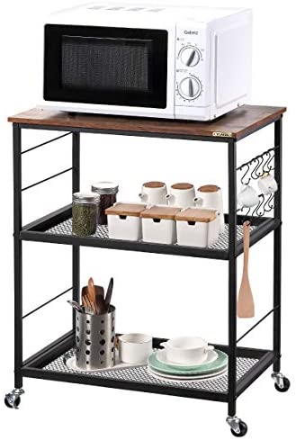 3-Tier Industrial Kitchen Cart with Storage, Vintage Microwave Oven Stand on Wheels, Rolling Baker’s Rack with Metal Frame and 10 Hooks, Coffee Cart for Living Room Restaurant