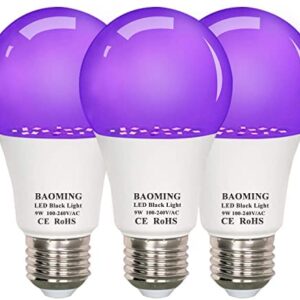 UV Black Light Bulb 9w LED Ultra Violet A60 Blacklights E27 Midium Screw Fitting 395-400 nm wavelength, Glow in Dark for Blacklights Party Club Body Paints, Neon Posters, 3 - Pack