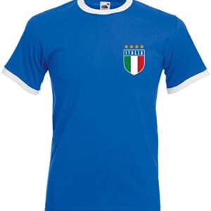 Retro Italy Football Royal Blue Ringer Adults T Shirt World Cup Italia Italian GLI Azzurri Fan - L254e