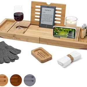 Temple Spring Bath Caddy with candle, wine glass, book, tablet, ipad & phone holder. Extendable/adjustable bridge, Natural wood over bathtub tray.100% bamboo (Natural)