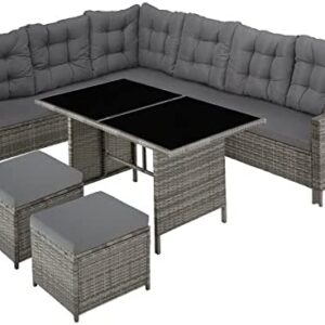 TecTake 800824 Rattan Garden Furniture Set with Corner Sofa, Table and Stool, Outdoor Patio Dining Set, 5 Piece Seating Set, Inc. Seat- and Back Cushions (Beige-Grey)