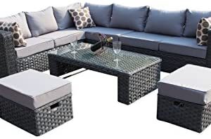 YAKOE 50020 Papaver Conservatory Modular 9 Seater Rattan Corner Garden Sofa Furniture Set - Grey