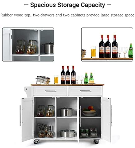 COSTWAY Kitchen Island Cart, Large Storage Trolley with 2 Drawers, 2 Cabinets, Knife Rack, 4 Lockable Wheels & Rubber Wooden Tabletop, Mobile Serving Utility Cart, 122 x 46 x 92cm (White) - Image 4