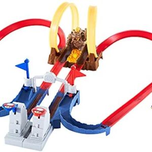 ​​​Hot Wheels Mario Kart Bowser’s Castle Chaos Modular Track with Side by Side Racing Lap Flags and Bowser Figure Connects to other sets Gift idea for Ages 3 years and older​
