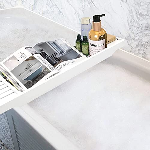 Bamboo Bath Caddy Tray Bridge - White Bath Caddy Wooden Bamboo Bathtub Tray Rack Tidy Bathroom Shelf Organizer Storage Bath Table for Reading , Tablet, Kindle, Wine Glass Bath Accessories - Image 6