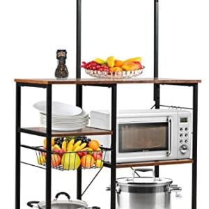 COSTWAY Kitchen Baker's Rack, Industrial Microwave Oven Stand with Wire Basket and S-Hooks, Freestanding Utility Storage Shelf Organiser for Spices Utensils Pots Pans (with Top Shelf)
