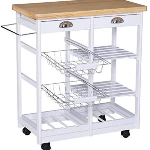 HOMCOM Rolling Kitchen Island Trolley Cart Drawer Shelves Basket Wheels W/ 6 Bottle Wine Rack White