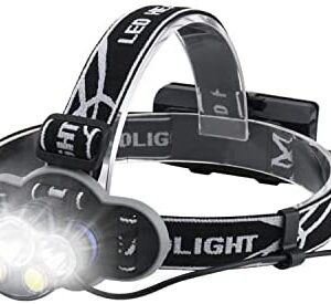 Head Torch, Head Torch Rechargeable with 5 Lights 8 Modes, Rechargeable Head Torch, Led Head Torch for Camping, Fishing, Cycling, Hiking, Waterproof, Head Torches Led Super Bright Rechargeable