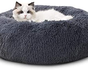 Bedsure Small Dog Bed Donut - Fluffy Calming Cat Beds for Indoor Cats Large, Round Washable Small Bed for Puppy Dog, Grey, 50×50×16cm