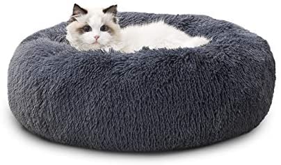 Bedsure Small Dog Bed Donut - Fluffy Calming Cat Beds for Indoor Cats Large, Round Washable Small Bed for Puppy Dog, Grey, 50×50×16cm