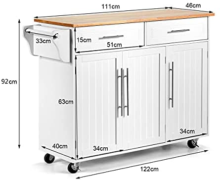 COSTWAY Kitchen Island Cart, Large Storage Trolley with 2 Drawers, 2 Cabinets, Knife Rack, 4 Lockable Wheels & Rubber Wooden Tabletop, Mobile Serving Utility Cart, 122 x 46 x 92cm (White) - Image 7