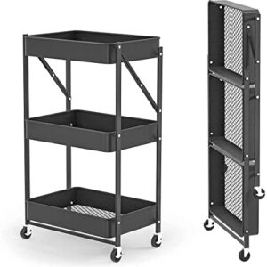 PALAKLOT 3 Tier Folding Kitchen Storage Trolley Rack with Caster Wheels Rolling Cart Metal Utility Space Saving | Home Storage Organizer Racks | Easy Assembly for Kitchen, Bathroom, Office | Black
