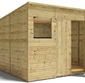 10 x 8 Pressure Treated Hobbyist Pent Shed Tongue & Groove Shiplap Cladding Construction Central Door OSB Floor Wooden Garden Shed 3.04m x 2.43m