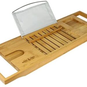 Extendable Bamboo Bath Caddy & Tray | Non-slip Feet | Adjustable Luxury Home Spa Wood Bath Caddy | Wine Glass, Tablet / Book, Smartphone Holder | M&W